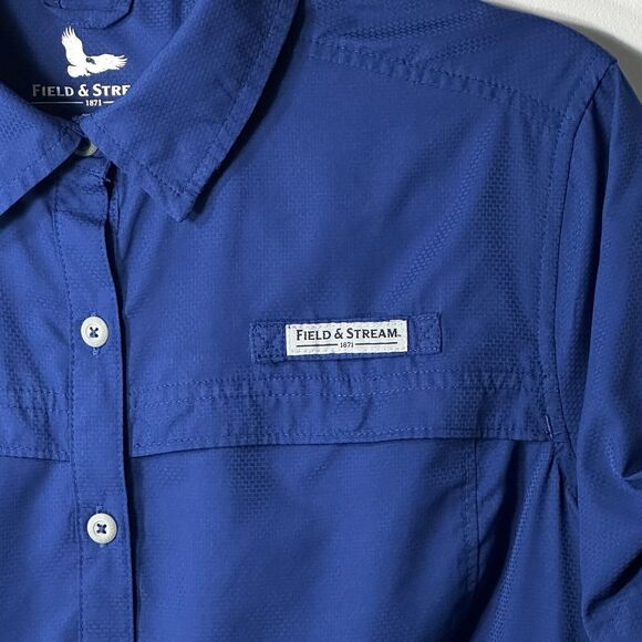Field & Stream Shirt Women MD Blue Vented Roll Tab Fishing Zip Pocket Short SL - Picture 2 of 11